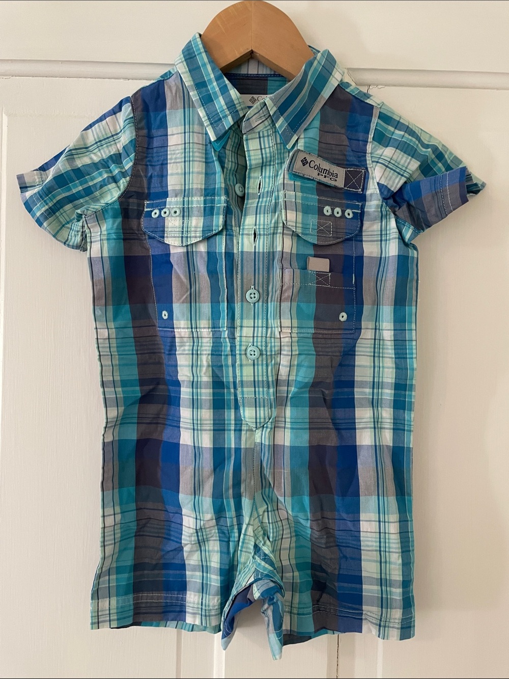 Columbia Boys Plaid Short-Sleeve Button Romper in Blue & Teal